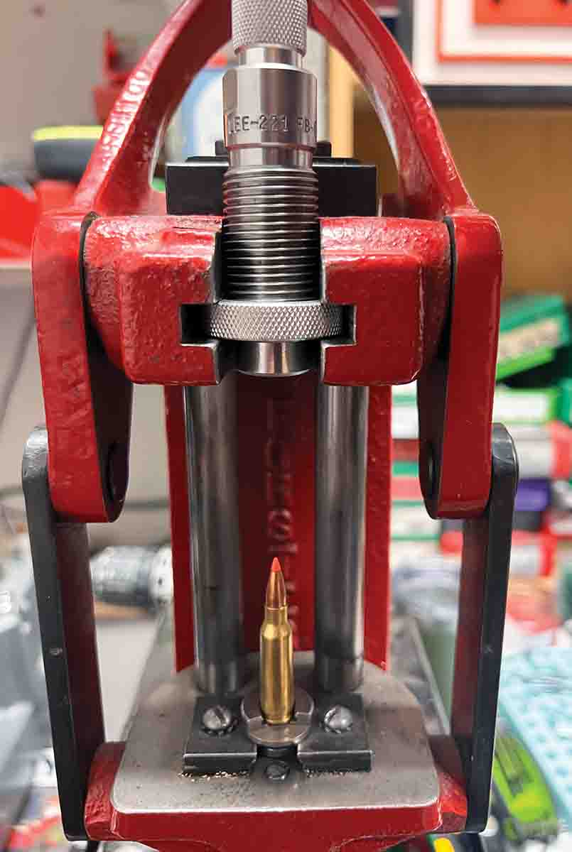 Seating a Hornady 40-Grain V-MAX in a Forster Co-Ax Press. The same press was used to prime all cases, which makes for great control when seating all primers to the same depth.